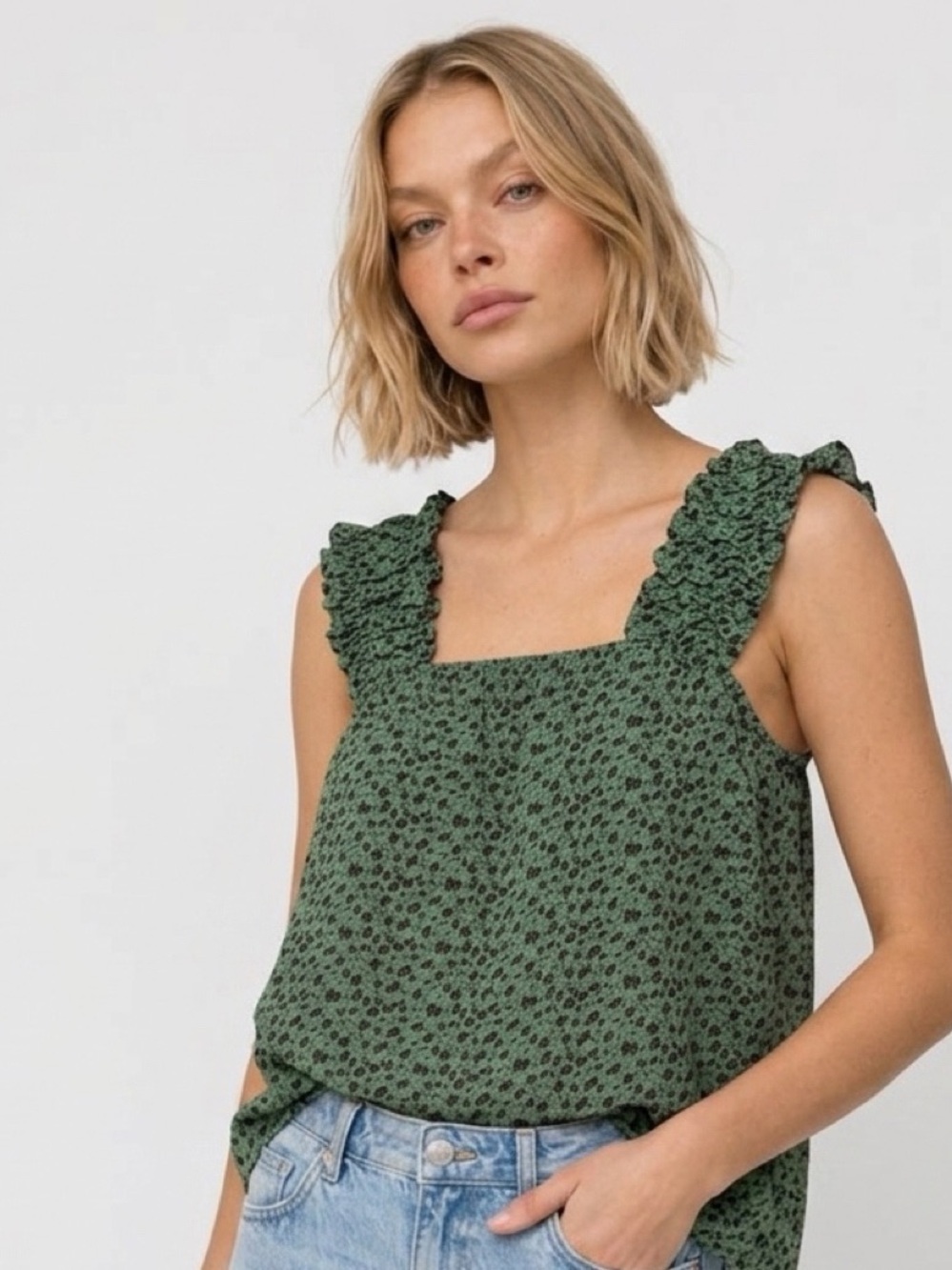 PrettyLittleThing Mint Green Floral Ruffle Strap Top